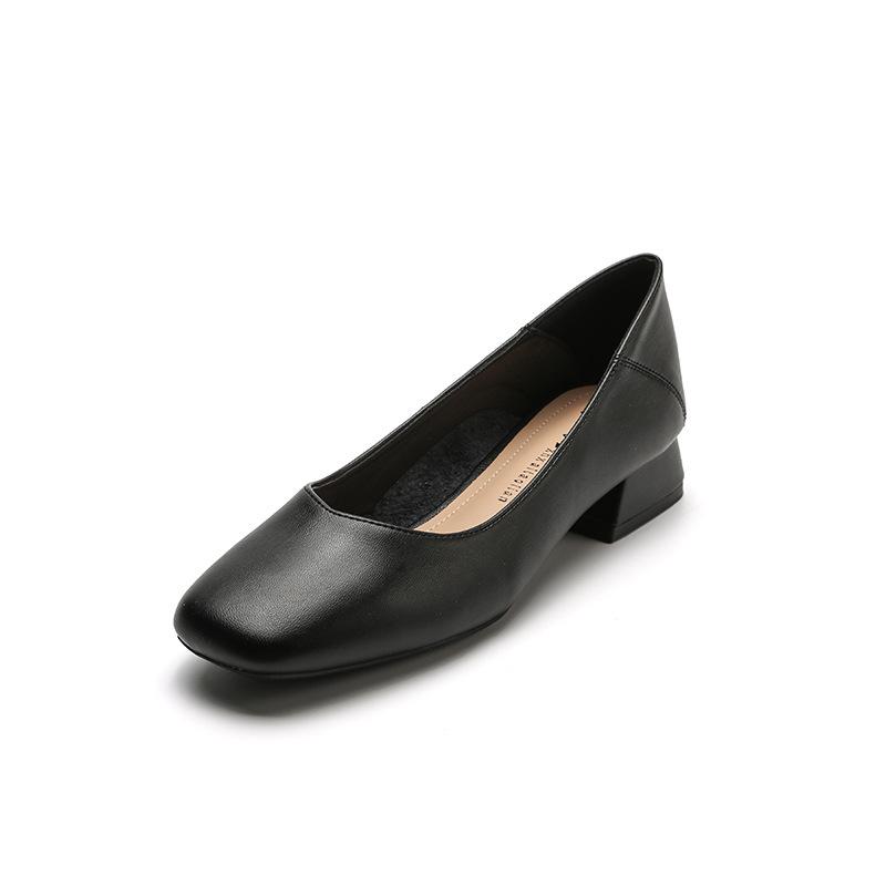 8-0 thick heel grandma shoes new Korean version square head shallow mouth middle heel soft leather commuting comfortable versatile single shoes women