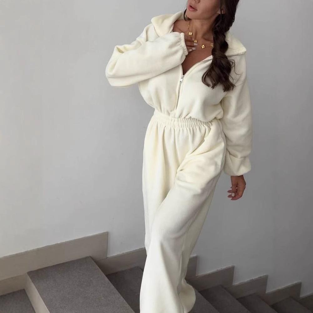 European and American Autumn and Winter Women's New Fashion Long-sleeved Jumpsuit Women's Casual Semi-open Elastic Waist Jumpsuit