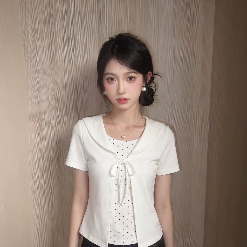 Pure cotton, sweet polka dot doll collar short-sleeved T-shirt for women's summer slim and thin lace-up fake two-piece top