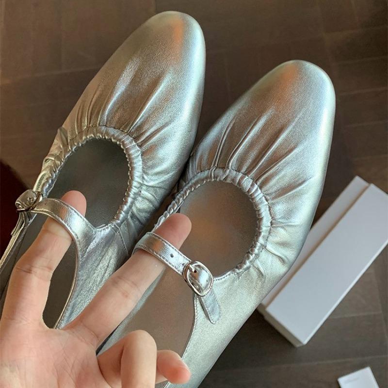 Cowhide Version~ Leather Pleated Silver Light Mouth Single Shoes Women's Flat Bottom New Spring Mary Jane Women's Shoes