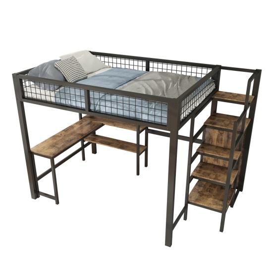 Iron Bed Several Shelves Bunk Built-in Wardrobe Desk Strong Load Adult Bearing Rustic Look Metal Frame Loft Home Furniture
