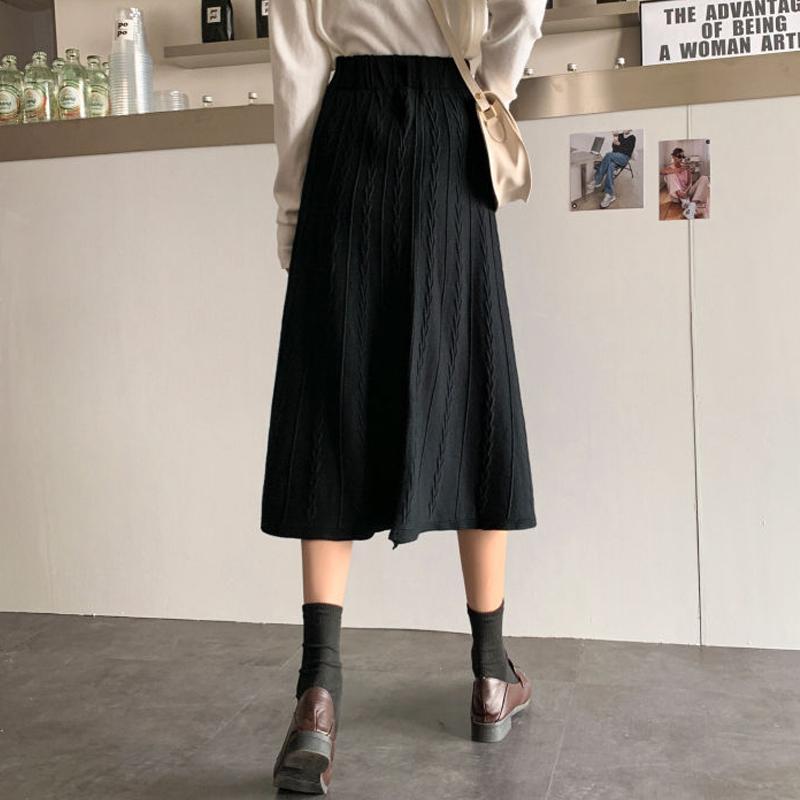 Thick Rib Knit Skirts Women Large Swing Casual Midi Skirts Autumn Elegant A-line Pleated Apricot Long Knitted Skirt