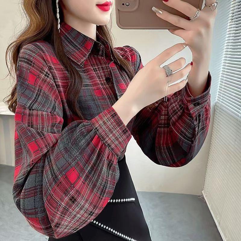 Retro Women's Printed Shirt Slim-fit Lantern Sleeve Floral Shirt Collared Chiffon Shirt Spring