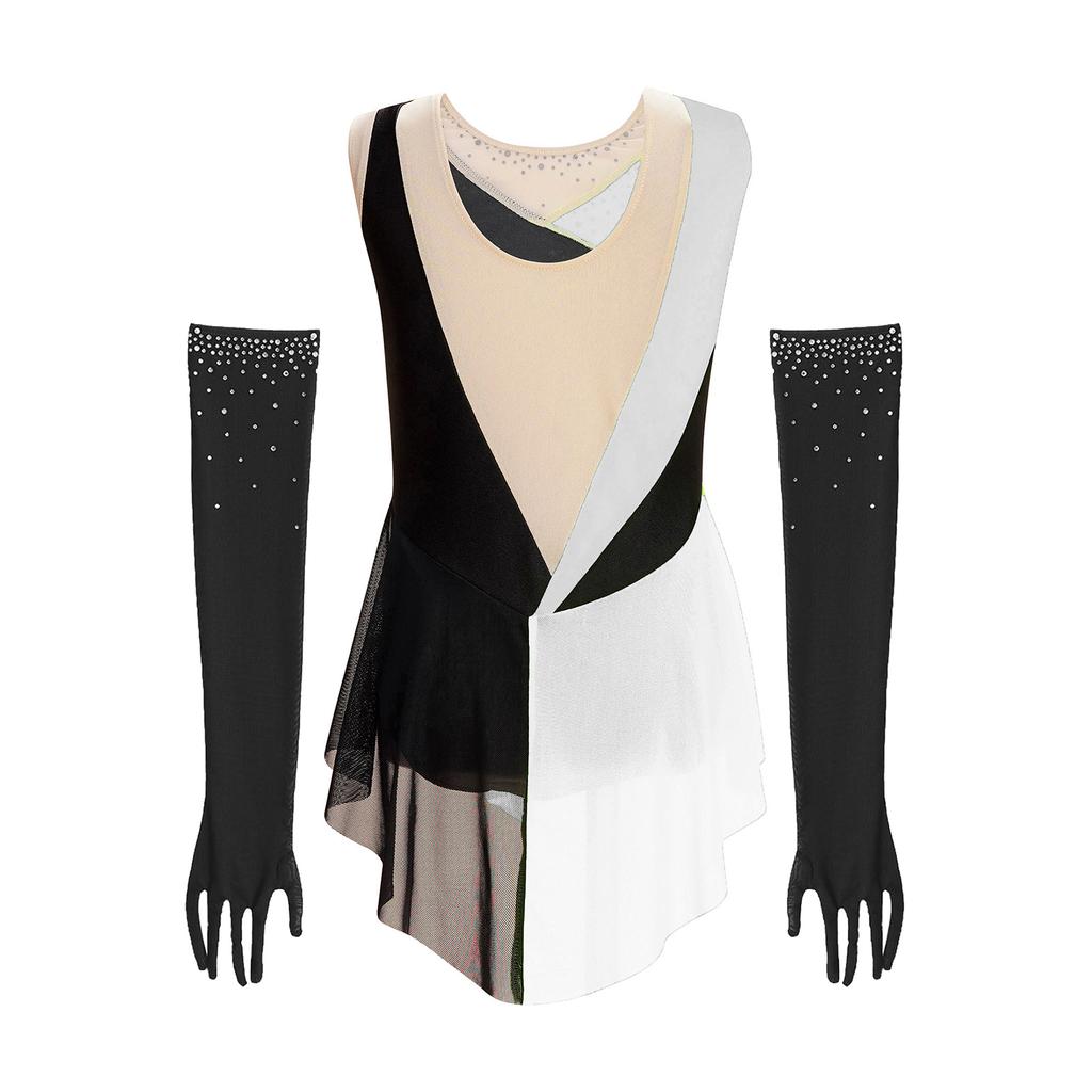 Kids Girls Latin Dance Figure Skating Leotard Sleeveless Mesh Patchwork Shiny Rhinestone Color Block with 1 Pair Gloves Competition Stage Performance
