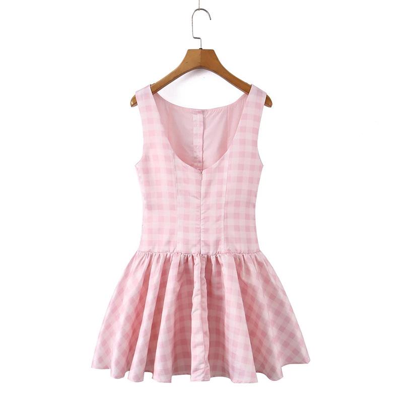 Women's Retro Pink Plaid Sleeveless Tank Dress - Petite, Waist-Cinching, A-Line, Short Skirt