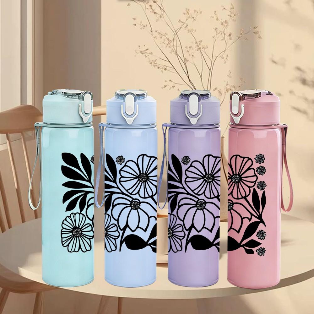 1PC Black White Abstract Floral Print 750ml Color Plastic Sports Water Bottle Leakproof Flip Straw Lid Suitable for Sports Office Home Use