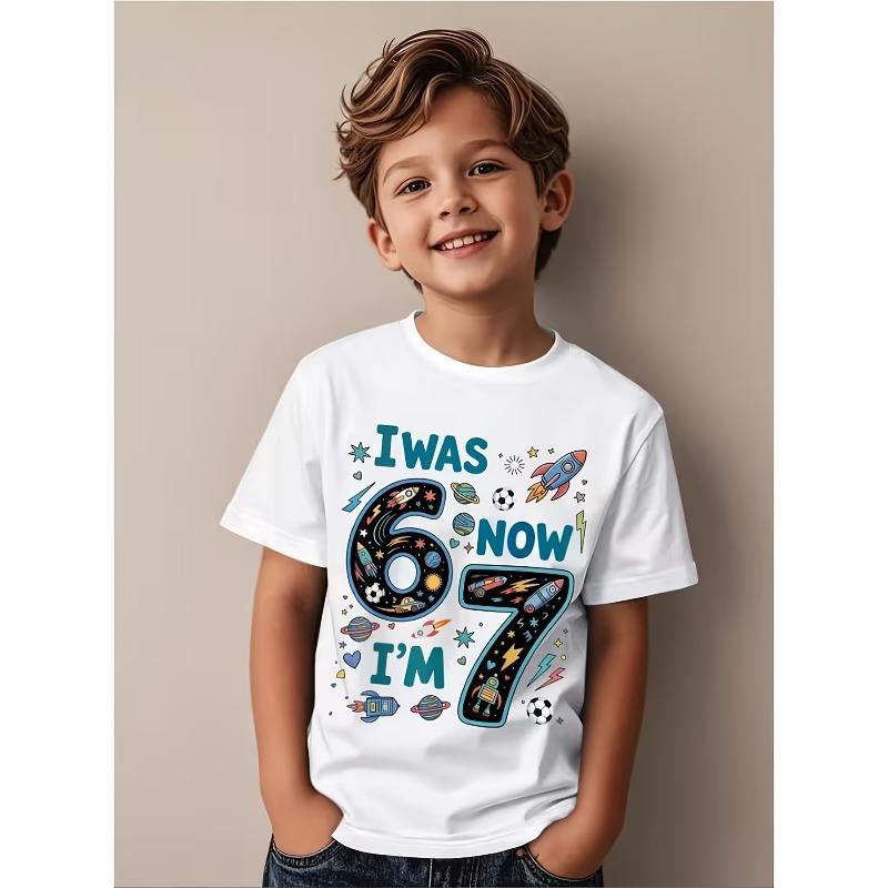 European Size Boys Round Neck Short Sleeved T Shirt with Unique English Print I 6 Now I'm 7