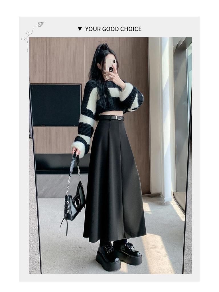 2025 Autumn/Winter Women's High-Waist Grey Wool Pleated Mid-Length A-Line Skirt