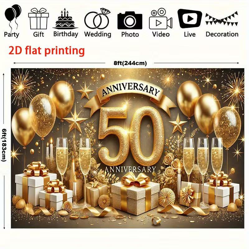 2D Golden Wedding Backdrop "Anniversary" Banner with Gift Boxes & Confetti Photo Booth Background