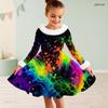 Girls Furry Trim Long Sleeve Printed A Line Flared Dress