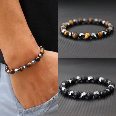 Stylish Beaded Bracelet For Men 8mm Natural Tiger Eyes Lava Red Howlite Stone Braslet Irregular Hematite Healing Braclet Pulsera