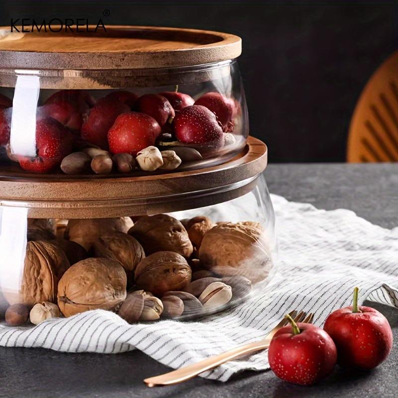 KEMORELA 1PCS Glass Food Storage Containers with Wooden Lid Kitchen Snack Fruit Candy Nut Sundries Storage Organizer for Kitchen