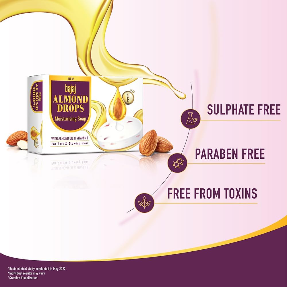 BAJAJ Almond Drops Moisturizing Soap 5 X 125g Each Glowing Skin Daily Care Body Face Wash