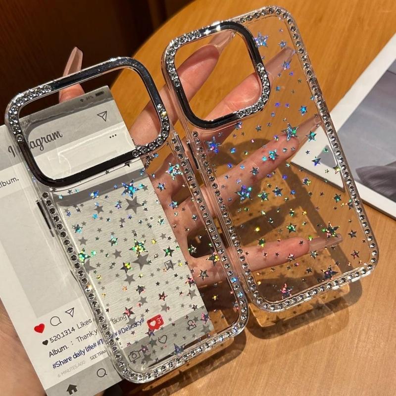 Luxury Diamond Camera Shiny Glitter Phone Case for IPhone 17 16 15 14 13 12 11 Pro Max Transparent Sparkling Stars Sequin Cover