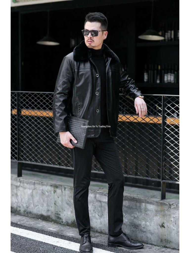 Men's Plus Velvet Leather Jacket with Thickened Fur Collar, Autumn/Winter Warmth, Ideal for Middle-Aged and Elderly Dads and Grandpas.