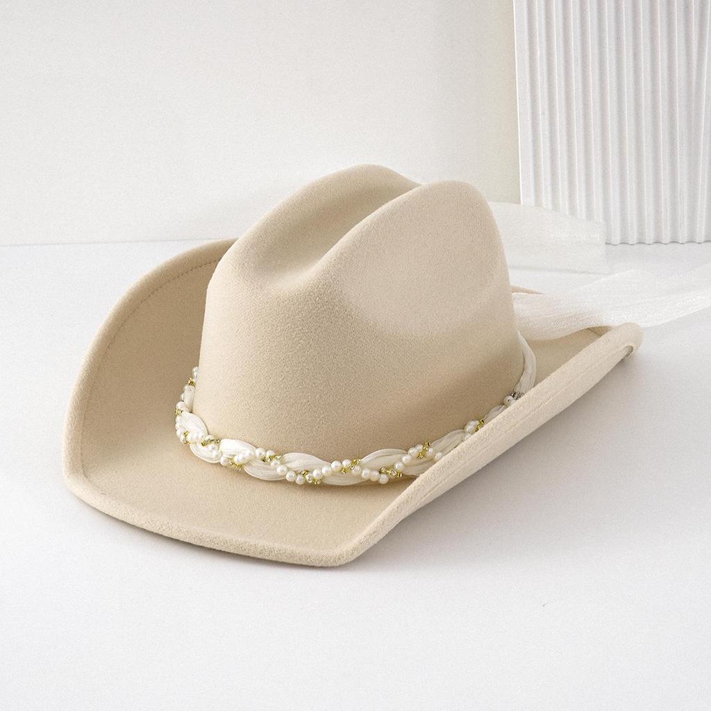 Women's Bridal Top Hat with Pearl & Gold Ribbon - Festival Cowboy Hat