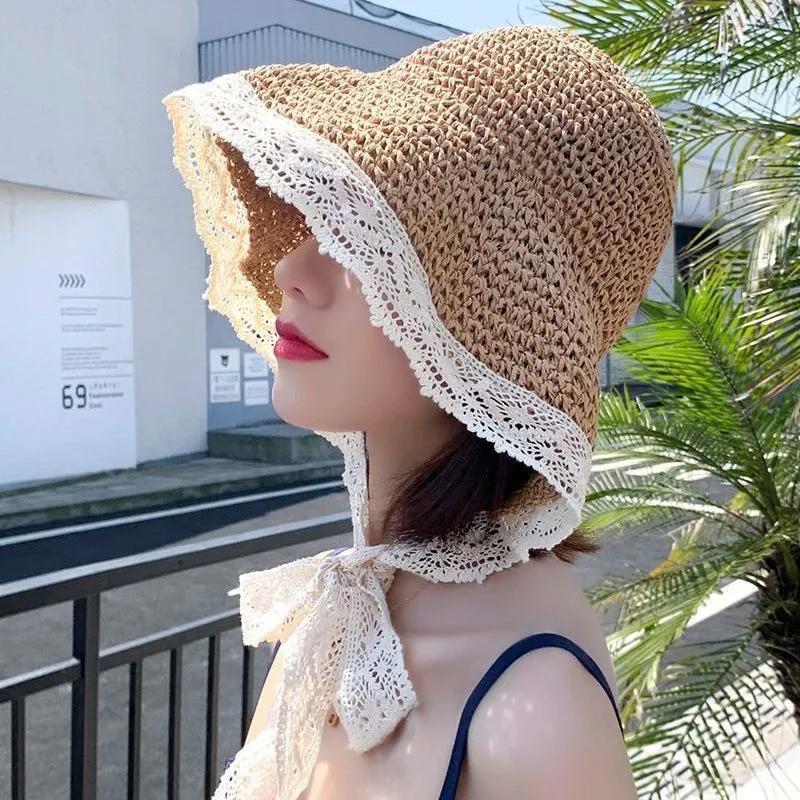 WTEMPO Retro Elegant Women's Lace Binding Strap Hollow-out Sun Hats Summer Beach Sunscreen Hats Wide Brim Foldable Soft Large Hats