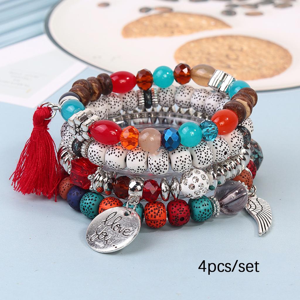 Bohemian Beaded Bracelet Set, Women's Stackable Stretch Bracelets with Tassel & Wing Charm
