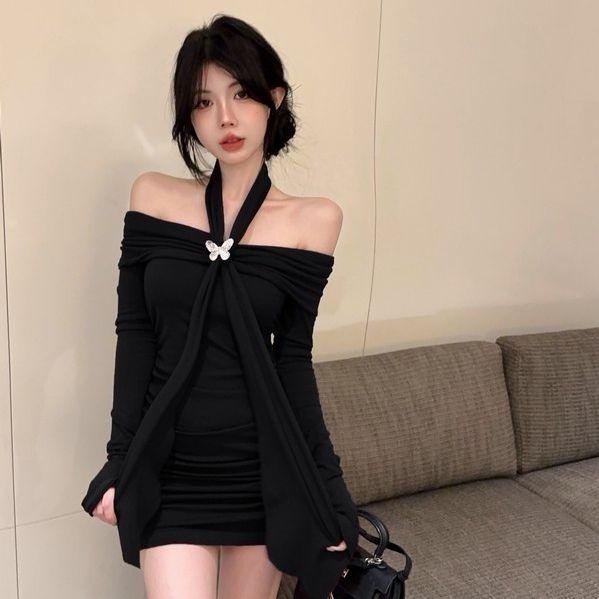 Sexy Slash Neck Long Sleeve Mini Dress Women Fall Winter Streetwear Slim Pleats Dress Y2K Fashion Solid Bottoming Wrap Dress New