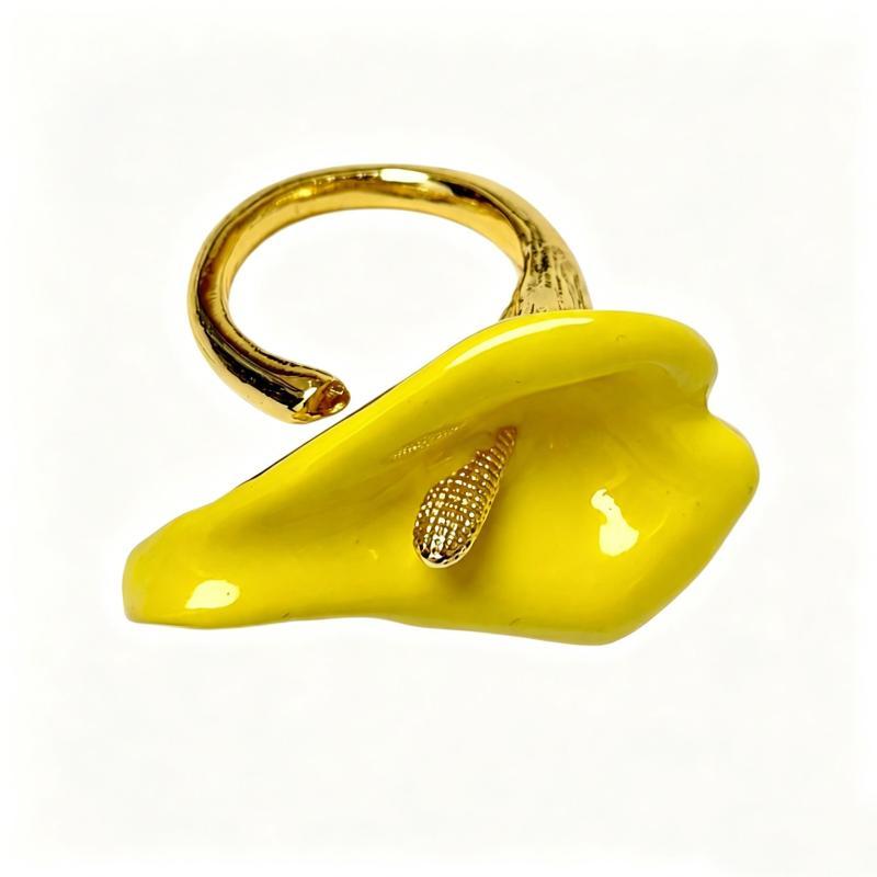 Calla Flower Ring Elegant Enamel Adjustable Metal Open Geometric Style for Women Dating Wedding Guest Wear