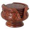 Wooden Handmade Carved Set of 6 with Decorative Holder Tabletop Coasters for Tea Coffee Cups Mugs Beer Cans Bar Glass Indian Handicrafts
