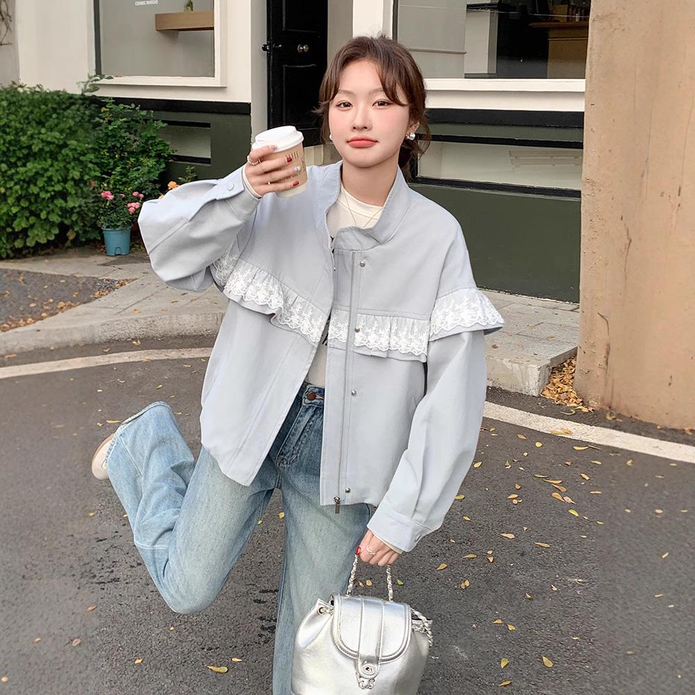 

2025 Spring Women s Lace Trim Stand Collar Casual Outerwear AG2513 S (90-115 jin)