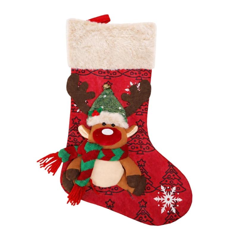 Polyester Christmas Stocking Decoration with Integrated Loop, Raised Holiday Character, Tree Print and Small Bell Feature