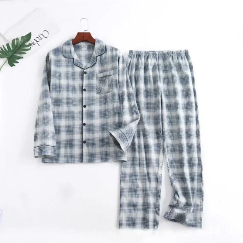 Rutet design Flerfarget Varm bomullsflanell Langermet Bukser Pyjamas for menn Høst og Vinter Hjemmeklær Nattøy Sett