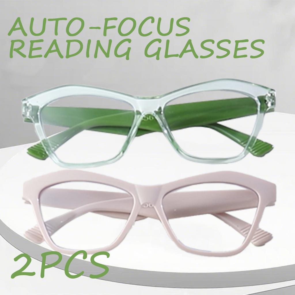 2PCS Auto-Focus Cat-Eye Reading Glasses Blue Light Blocking Full-Rim PC Frame Metal Hinge Design Unisex