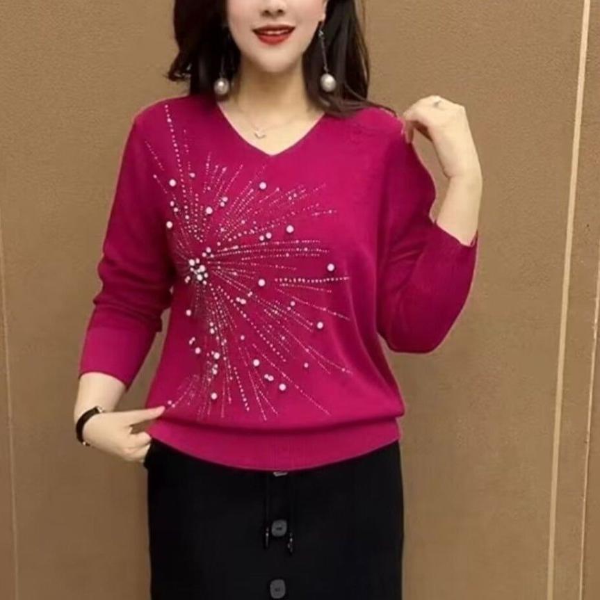 

Женский свитер с V-образным вырезом, осенне-зимний, с бисером, свободного кроя, однотонный пуловер, вязаный топ 2XL розы красного