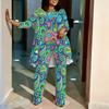 Women Plus Size Coordinated Two Piece Set Round Neck Three Quarter Sleeve Irregular Hem Top Printed Wide Leg Pants