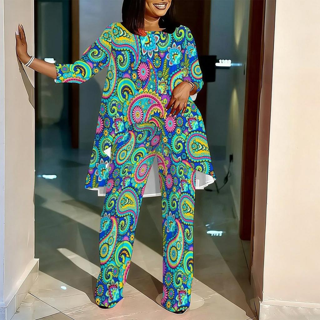 Women Plus Size Coordinated Two Piece Set Round Neck Three Quarter Sleeve Irregular Hem Top Printed Wide Leg Pants