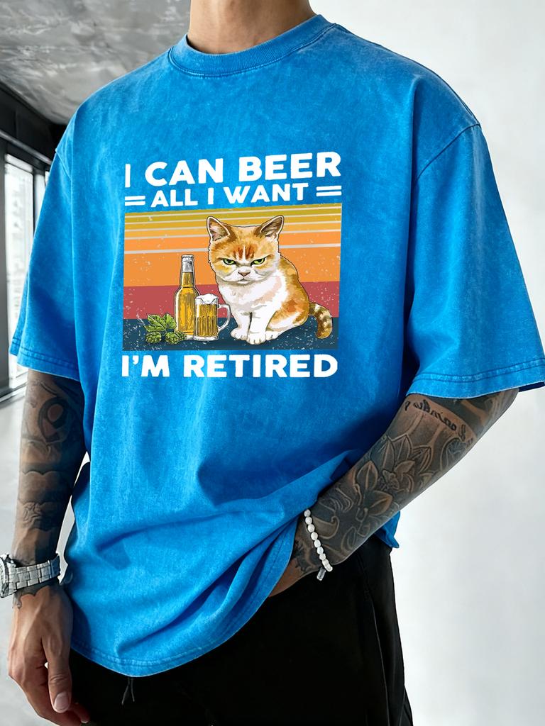 I Can Bee IM Retired Cat Print Men Washed TShirts Summer Cotton T Shirt Casual Oversized Sportswear Soft Neck Tee Tops