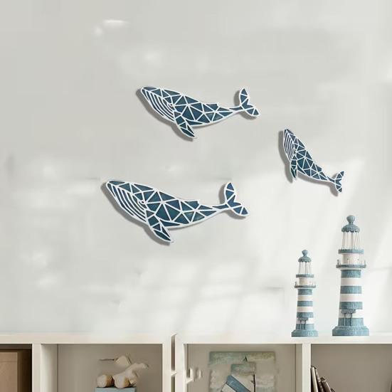 3 Piezas de Arte de Pared de Ballena Náutica de Madera Hecho a Mano, Decoración Colgante de Pez Marino Costero, Adornos de Pared de Ballena Vintage para Sala de Estar Baño