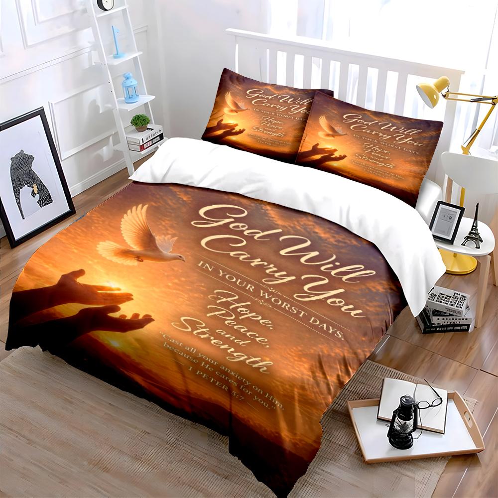 "God Will Carry You Spiritual Bedding Set" Bedding Set (1 Duvet Cover, 2 Pillowcases, Duvet Not Included)