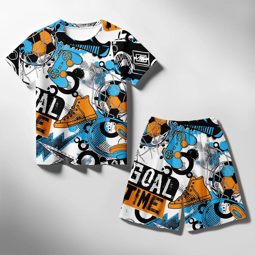 Summer 3D Printed Short Sleeved Football T-shirt Children's Set