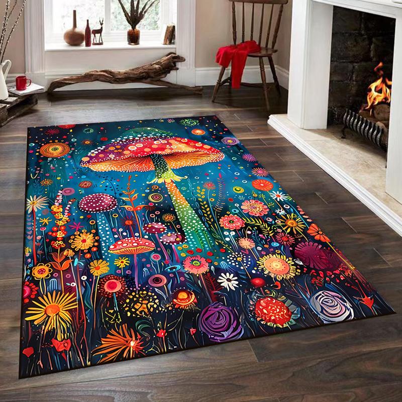 Colorful Mushroom Forest Scene Non-slip rug suitable for living room and bedroom sofas