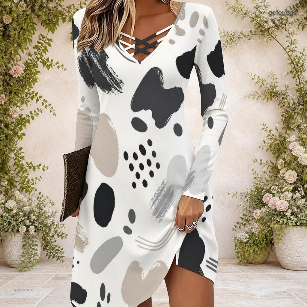 Women Criss Cross V Neck Long Sleeve Abstract Printed Curved Hem Dress