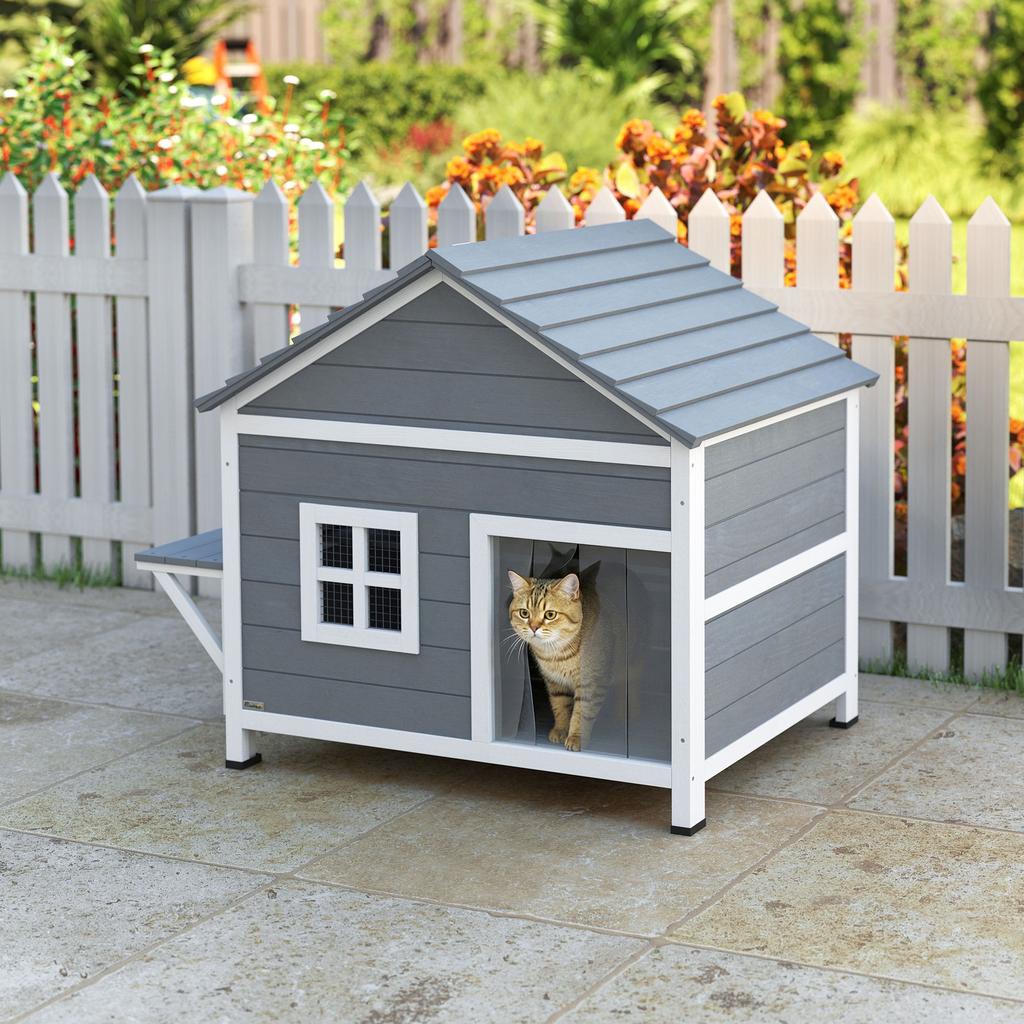 Wooden Cat House 2 Story Cat Cave With Waterproof Flip Up Roof Side Platform 101x72 5x81cm Gray