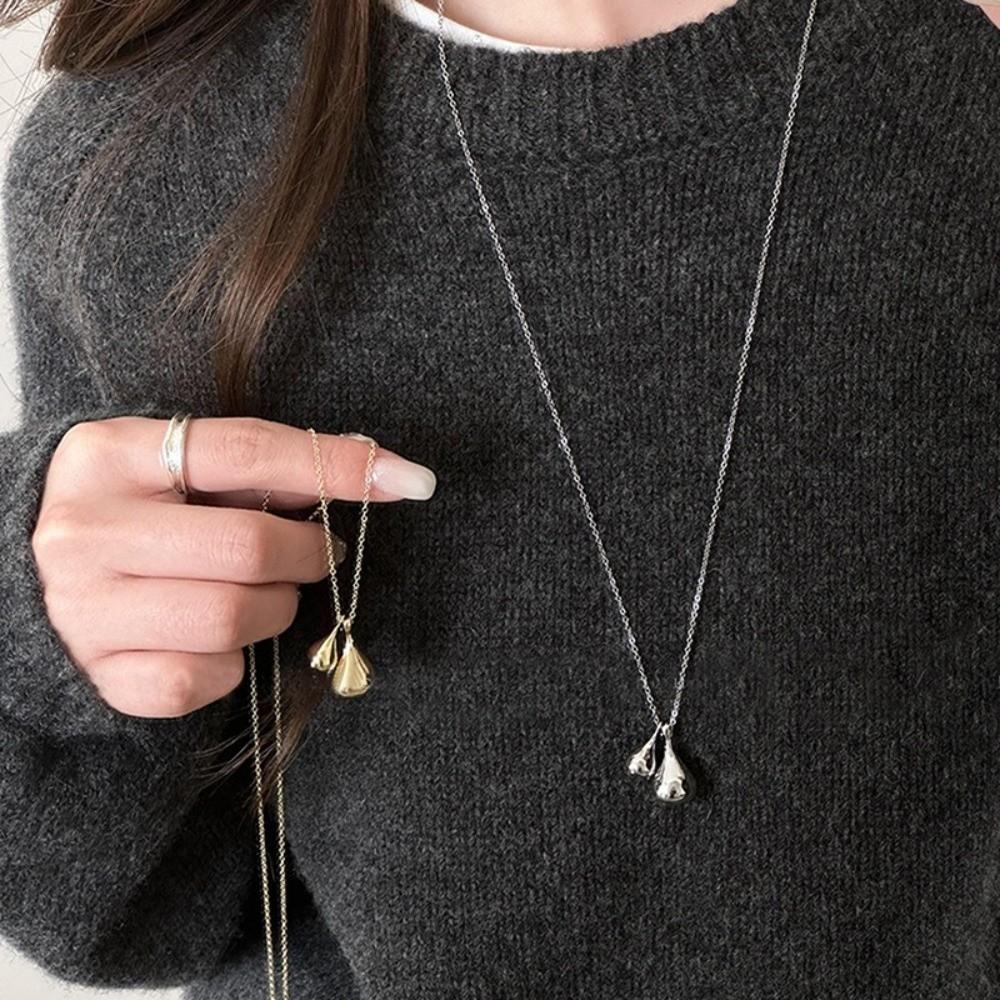 Elegent Double Water Droplet Necklace Long Chain Pendants Necklace for Women Sweater Chain