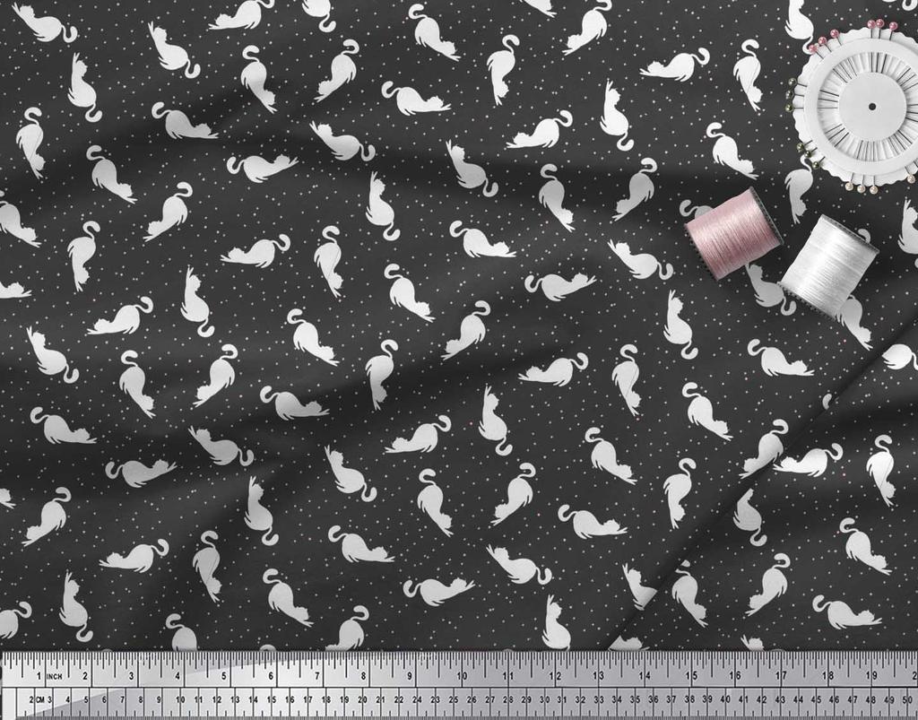 Soimoi Black Poly Crepe Fabric Floral & Cat Animal Print Fabric by the Yard 42 Inch