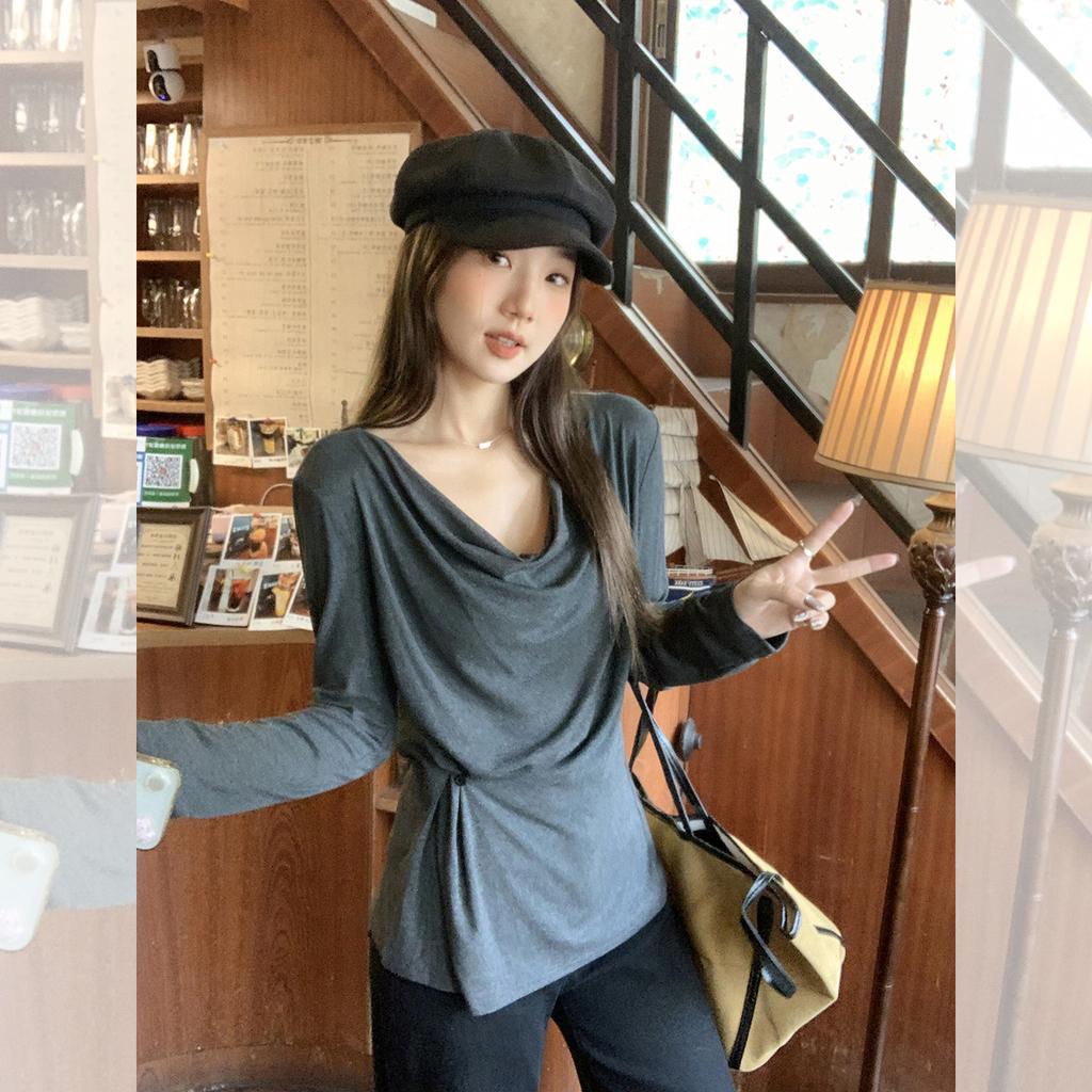 Gray lazy wind pleated off-the-shoulder one-word collar loose solid color long-sleeved T-shirt new Korean version autumn women's top