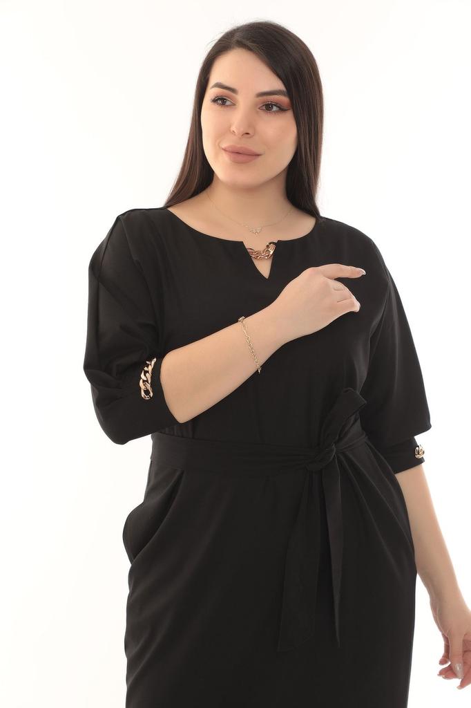 Damska sukienka w dużym rozmiarze z okrągłym dekoltem, łańcuszkowym detalem, paskiem, jednolita, midi