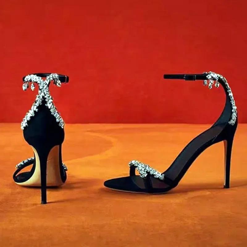 Luxury Design Sandals Women Crystal Chains Decor High Heels Dress Party Shoe Woman Black Ankle Strap Sandalias Femmes Prom Pumps
