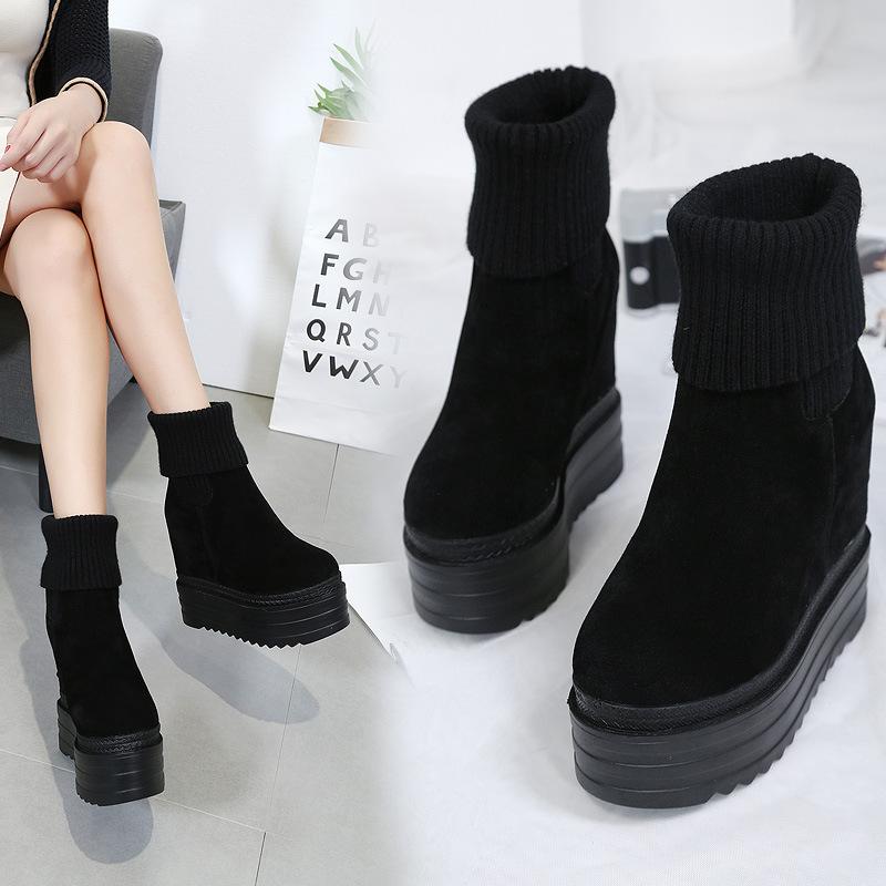 Winter Fashion Platform Black Boots Wedges Women's Botas Height Increasing Ankle Boots Knit Collar Chunky Heel Shoes for Women