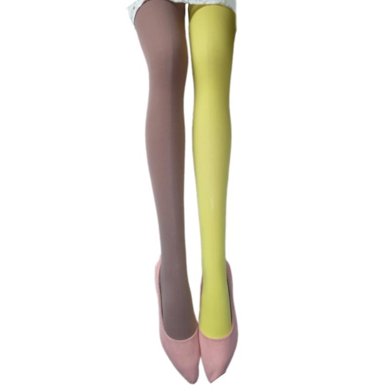 Two Tone Candy Colored Contrast Tights Stockings Open Crotch Designs Asymmetrical Multicolor Pantyhose Hosiery for Women