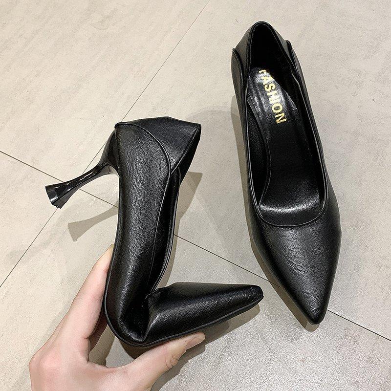 French Small High-heeled Women's Shoes Stiletto New Spring and Summer Professional Dress Black Single Shoes Work Soft Leather Shoes Middle Heel
