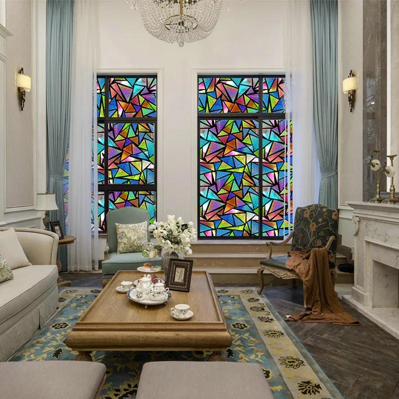 Colorful Stained Glass Window Film Retro Flowers Pattern Non-adhesive Window Decals Static Clings Non-Adhesive Window Stickers