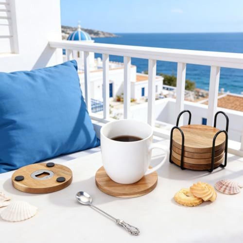 6PCS 2 in 1 Wood Coaster with Bottle Opener Round Party Cup Mat Set Creative Insulated Cup Pad  Bar