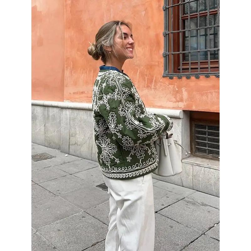 Vintage Print Round Neck Cropped Cotton Coats Women Elegant Full Lantern Sleeves Short Jackets Fall Winter Lady Chic Streetwear
